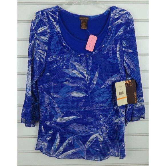 Multiples Top Womens Size Small Blue Beaded Scoop Neck 3/4 Sleeve Layered Mesh - Picture 6 of 11